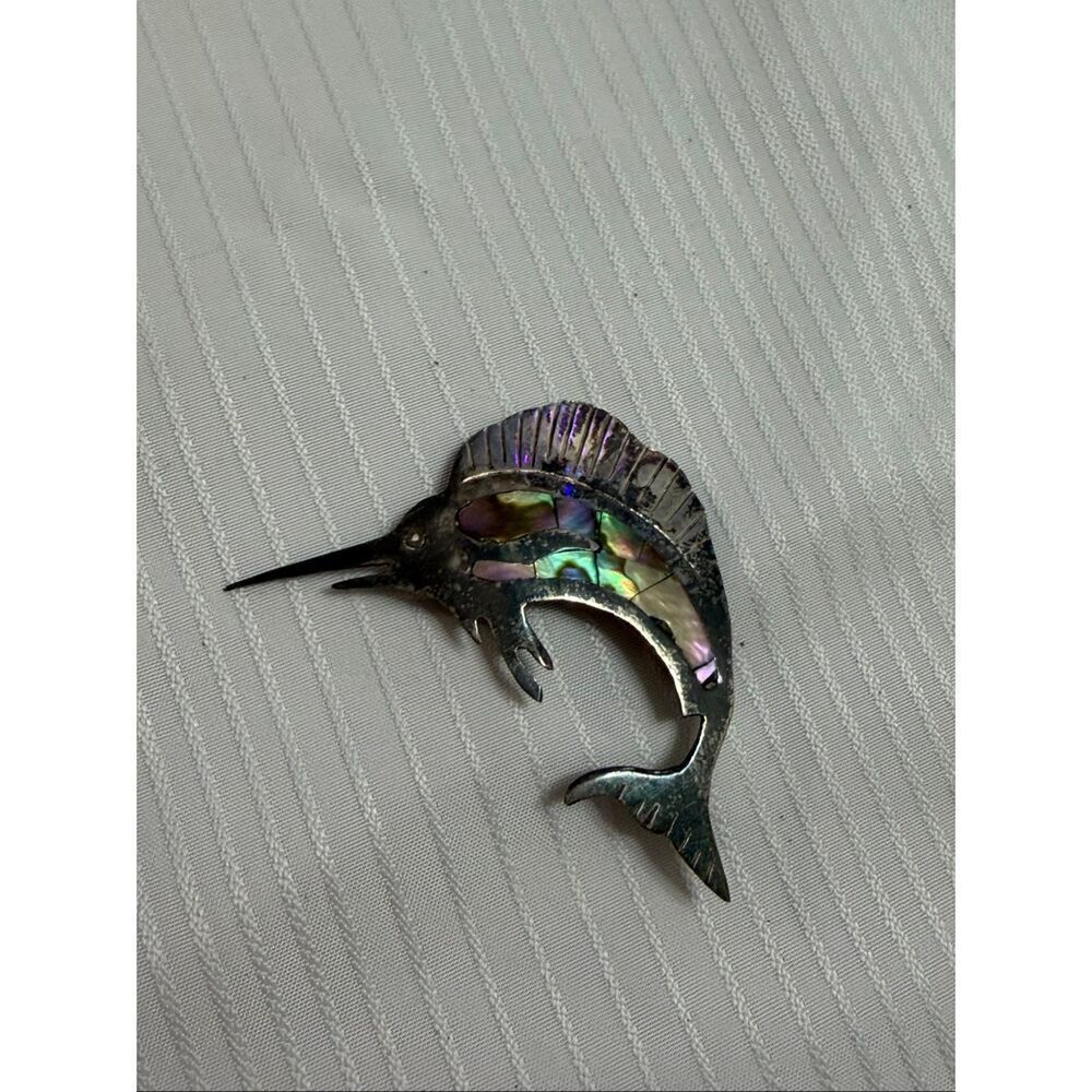 Marlin Silver 925 Abalone Taxco Brooch Signed Vintage